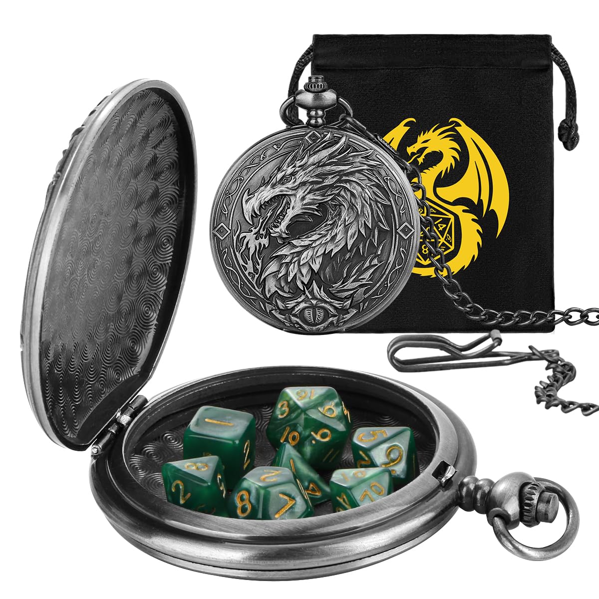 Mini DND Dice Set, 7-Piece Polyhedral Acrylic D&D Dice, with Steampunk Dragon Large Pocket Watch Case