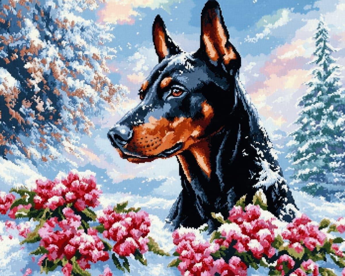 AxiangziK Cross Stitch Kits for Adults Beginners,Doberman Pinschers in the Snow Pre Printed Full Embroidery Patterns,12x16in DIY Needlepoint Cross Stitch Kits Adults,Home Wall Decor Art Craft Gifts