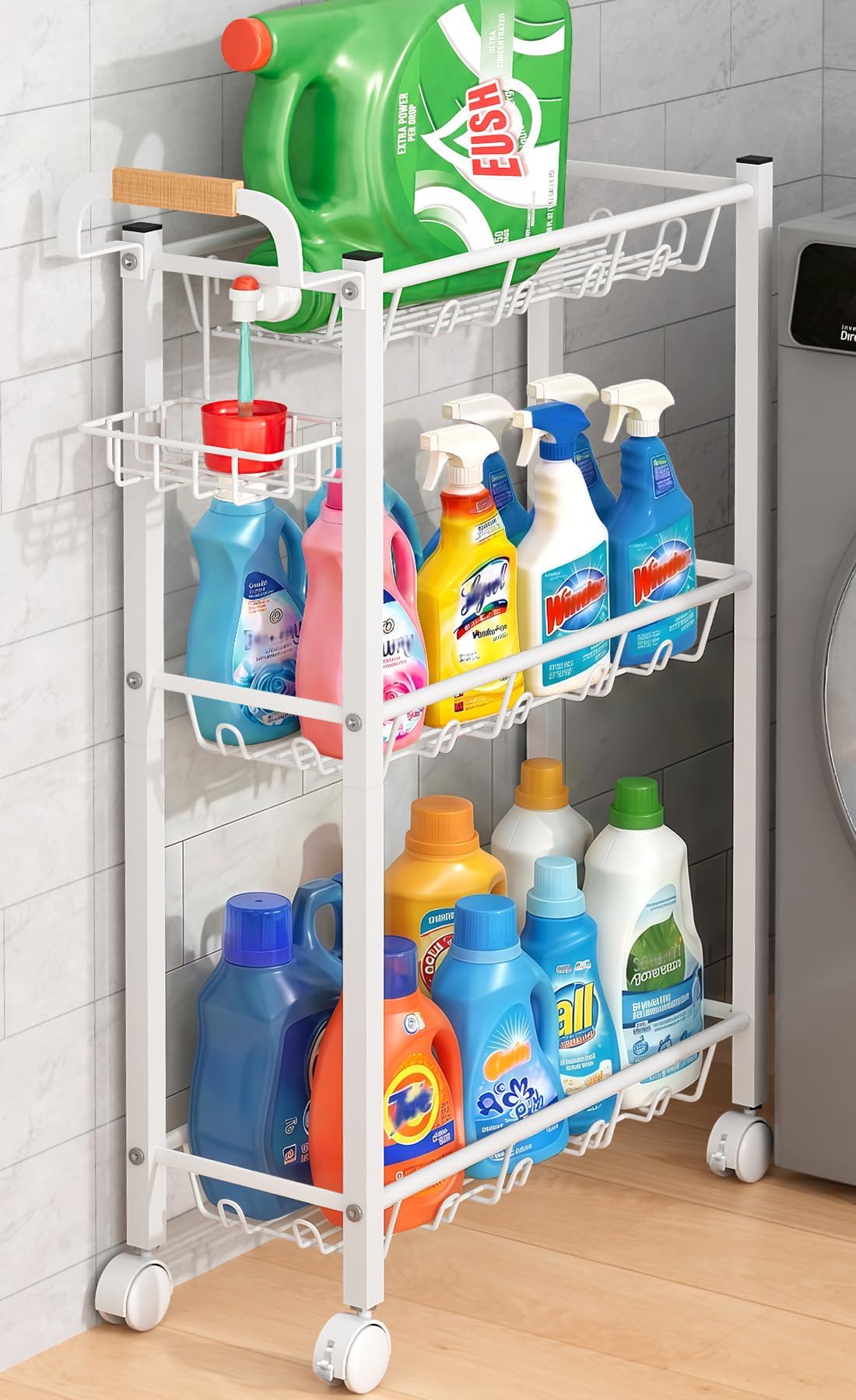 3-Tier Rolling Laundry Room Cart with Detergent Holder