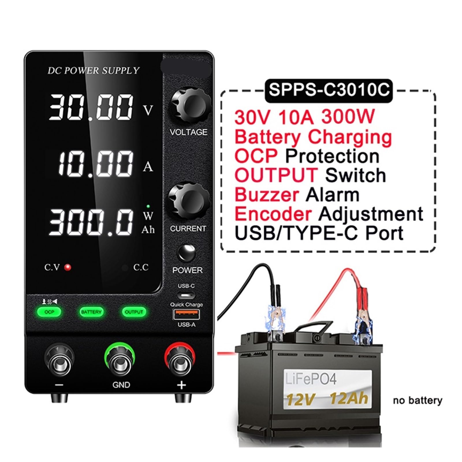 Fuente de alimentación CC ajustable 30V 10A, 12V 24V 48V 60V 120V Cargador universal inteligente (New SPPS-C605C,AC 110V)