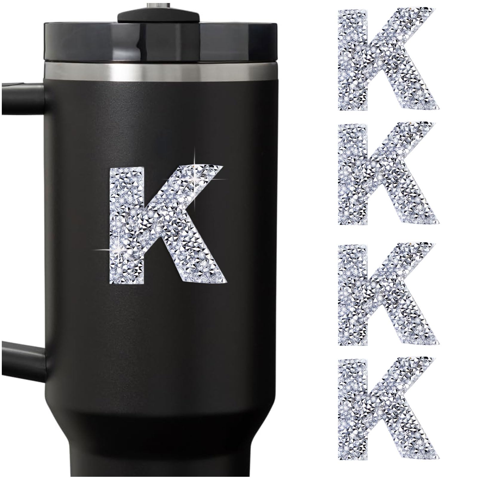 4PCS Bling Rhinestone Initial Letter Stickers, Large Glitter Alphabet Personalized Monogram Name Sparkly Decals for Stanley Cup Bottles Graduation Cap Luggage Self Adhesive Waterproof -K