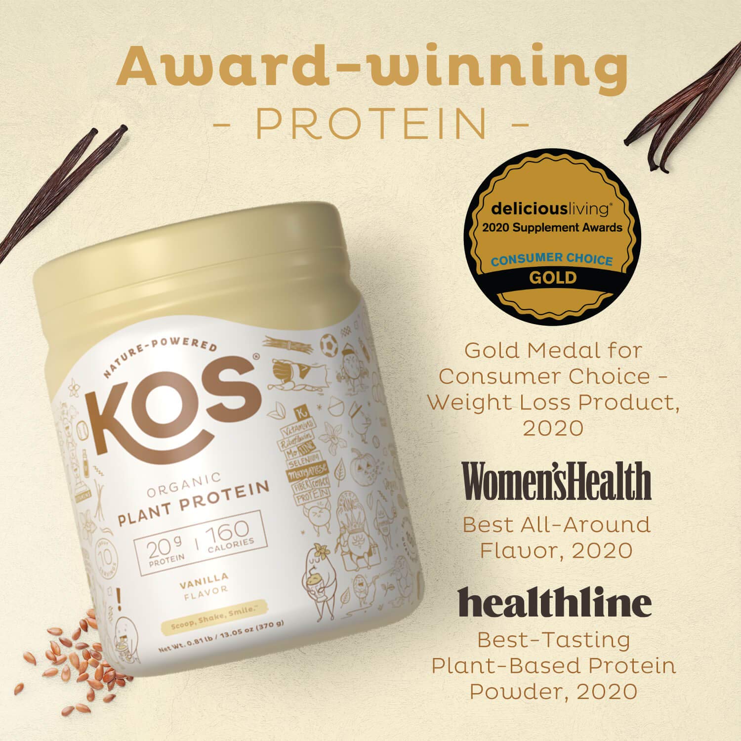 KOS Organic Plant Based Protein Powder, Vanilla Delicious Vegan