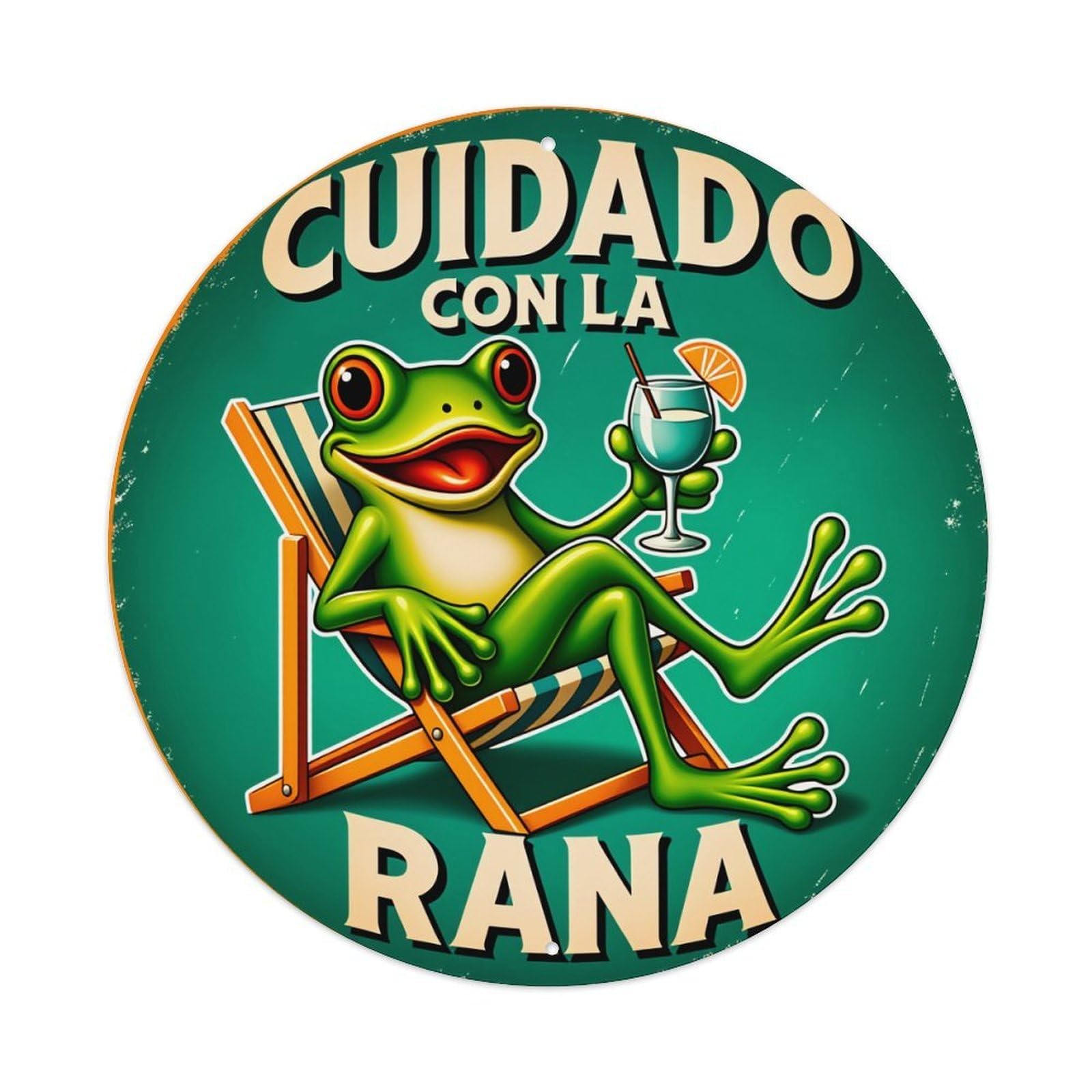 Frog Relaxing With Cocktail Chair Round Tin Sign Vintage Style Metal Sign Home Bar Garden Wall Plaque Decor Metal Poster 8x8 Inch