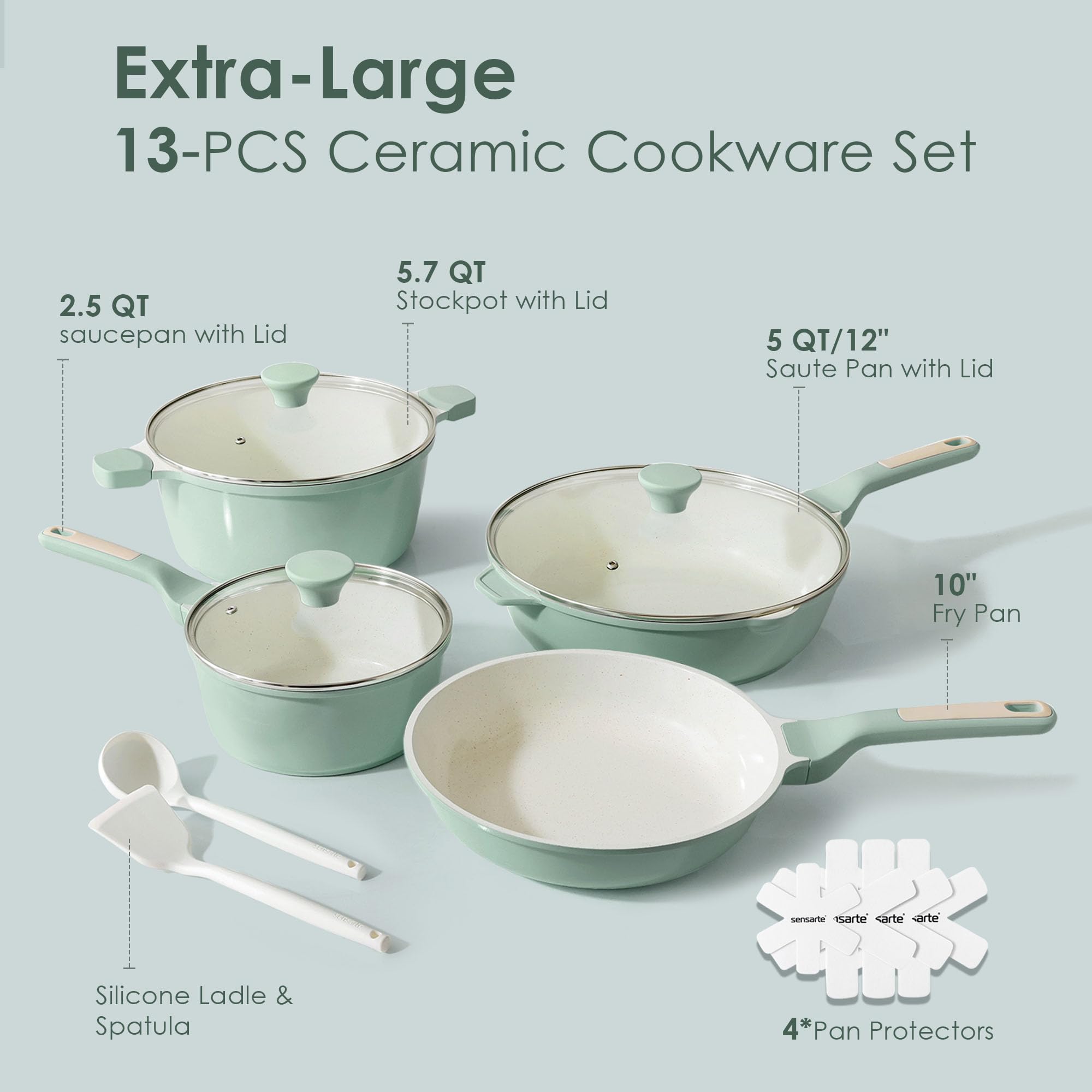 SENSARTE Nonstick Cookware Set 13-Piece, Non Stick Pots and Pans Set with Swiss Granite Coating, Healthy Kitchen Cooking Set, Stay-Cool Handles, PFOA Free: Mint Green