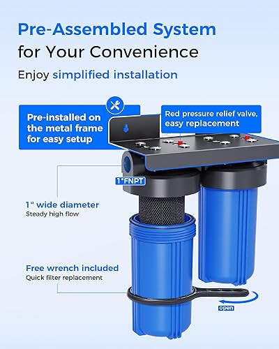 Miniatura 6 de Waterdrop Sistema de filtro de agua para toda la casa de 2 etapas, con filtro de carbono y filtro de sedimentos, filtración de 5 etapas, reduce