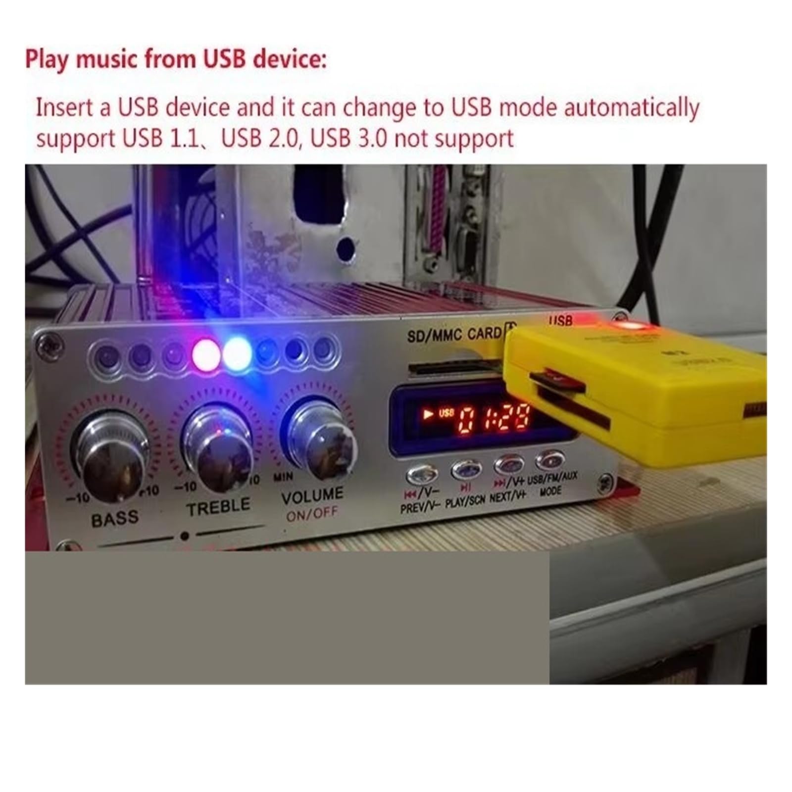 Wzmacniacz audio, DC12V Mini wzmacniacz Bluetooth Wzmacniacz słuchawkowy SD/USB Odtwarzanie radia FM z pilotem do samodzielnego montażu(Blauw)