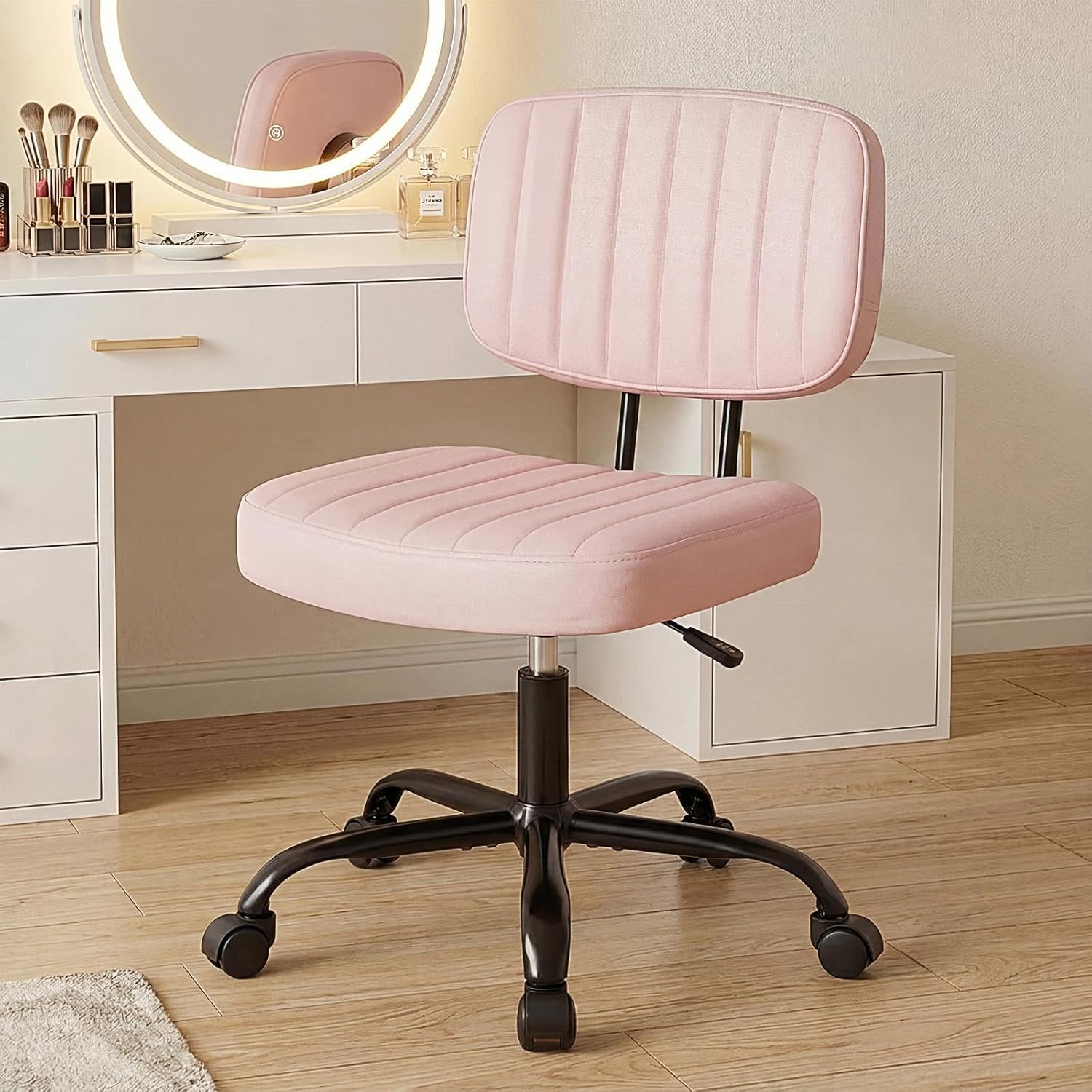 DUMOS Armless Home Office Executive Chair - Small Desk Chair with Low Back Lumbar Support, Height Adjustable PU Leather Computer Task Chair with 360° Swivel Wheels, for Adults, Brown