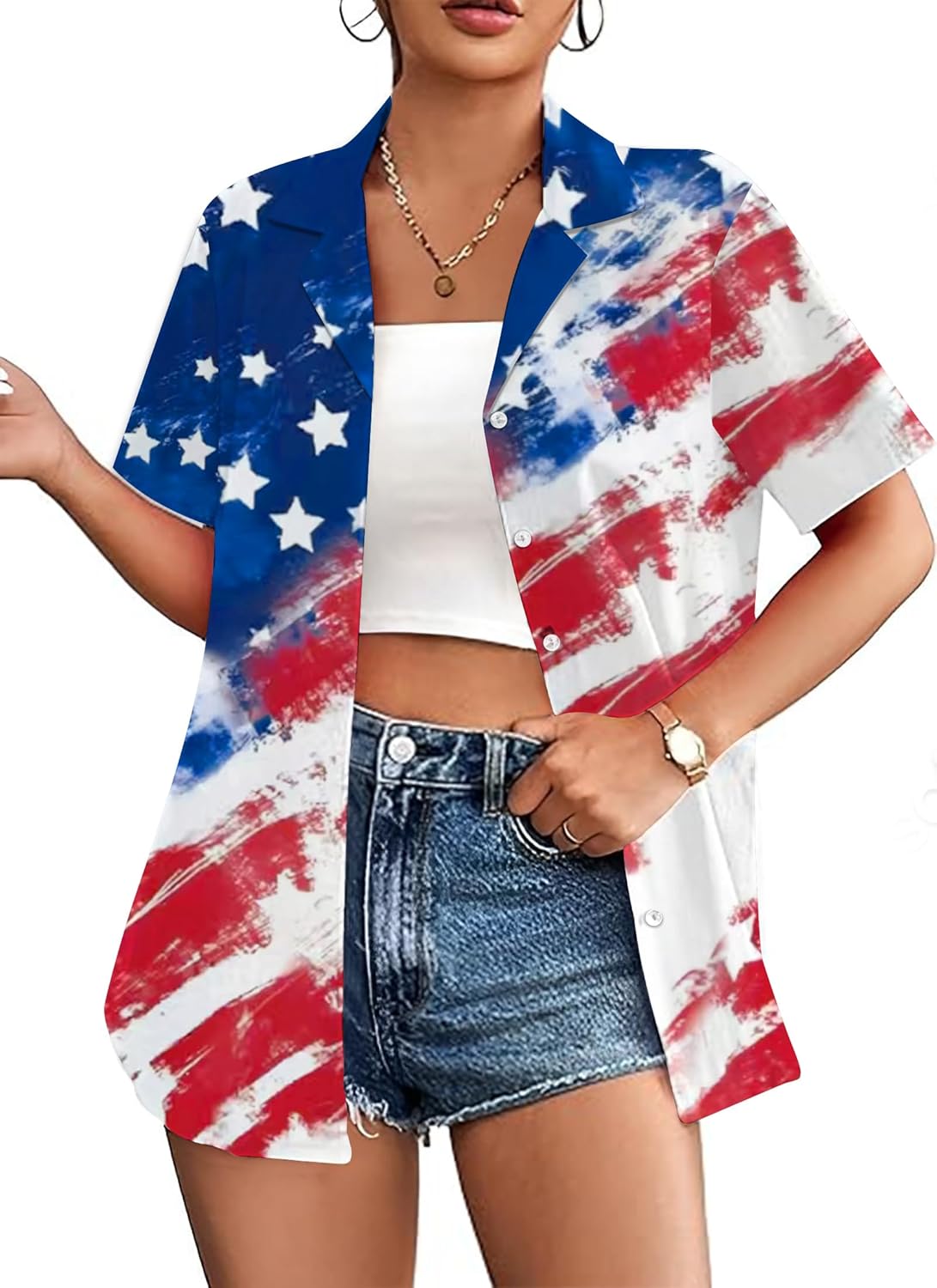 American Flag Shirt for Women: 4th July Graphic T-Shirts Patriotic USA Flag Star Stripes Tees Hawaiian Button Down Tops - Image 2