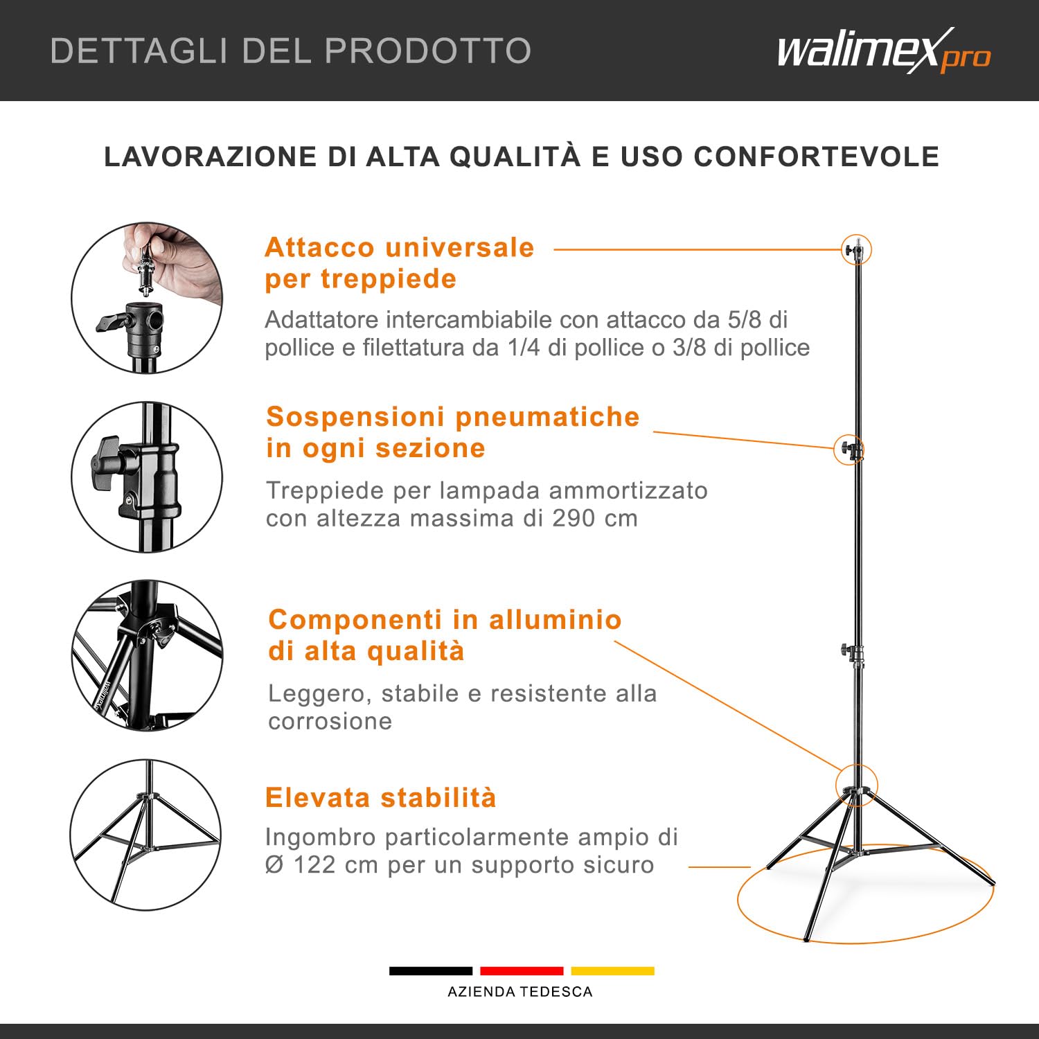 Walimex pro AIR 290 Deluxe stativo per lampada 290 cm - stativo con sospensione pneumatica, altezza massima 290 cm, capacità di carico 7 kg, stabile e versatile