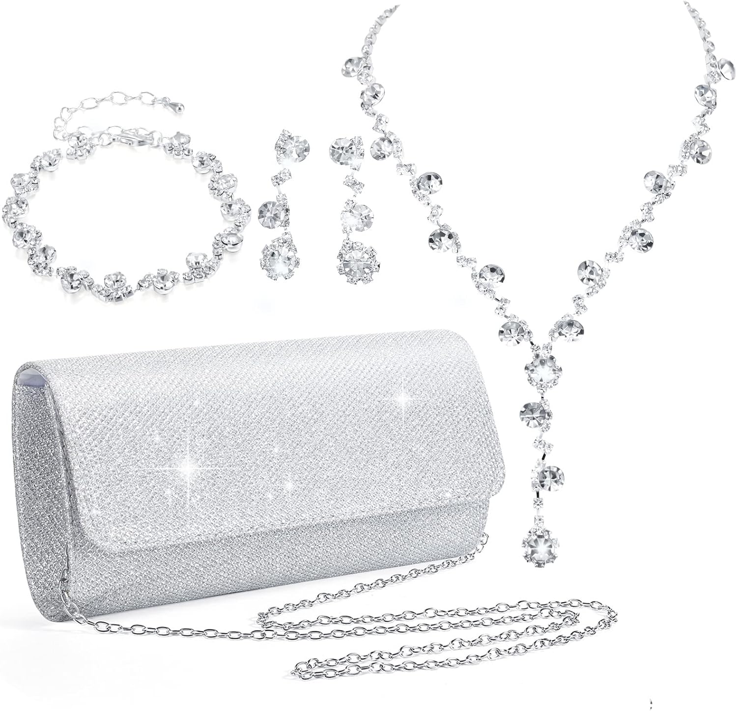 Meanplan 4PCS Silver Rhinestone Clutch Purse Jewelry Set for Women - Wedding Bride Evening Party Rave Accessories