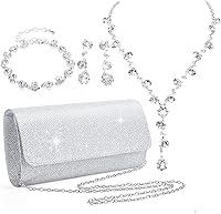 Meanplan 4PCS Silver Rhinestone Clutch Purse Jewelry Set for Women - Wedding Bride Evening Party Rave Accessories