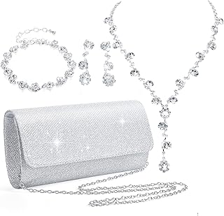 4 Pcs Silver Clutch Purse Jewelry Set for Women Evening Rhinestone Purse...