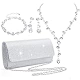 4 Pcs Silver Clutch Purse Jewelry Set for Women Rave Accessories Evening Rhinestone Purse Silver for Bride Wedding