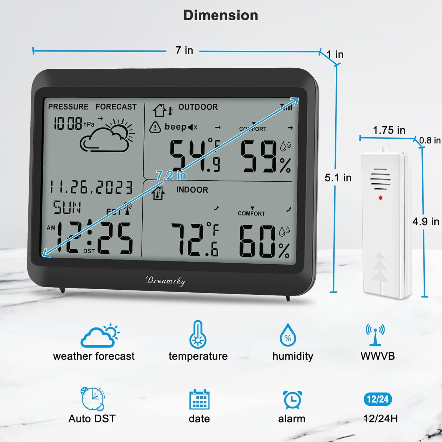 DreamSky Weather Station Indoor Outdoor Thermometer Wireless - Atomic Clock with Indoor/Outdoor Temp, Date & Day, Battery Powered, Home Weather Forecast Clock with Inside Outside Temperature Humidity - Image 7