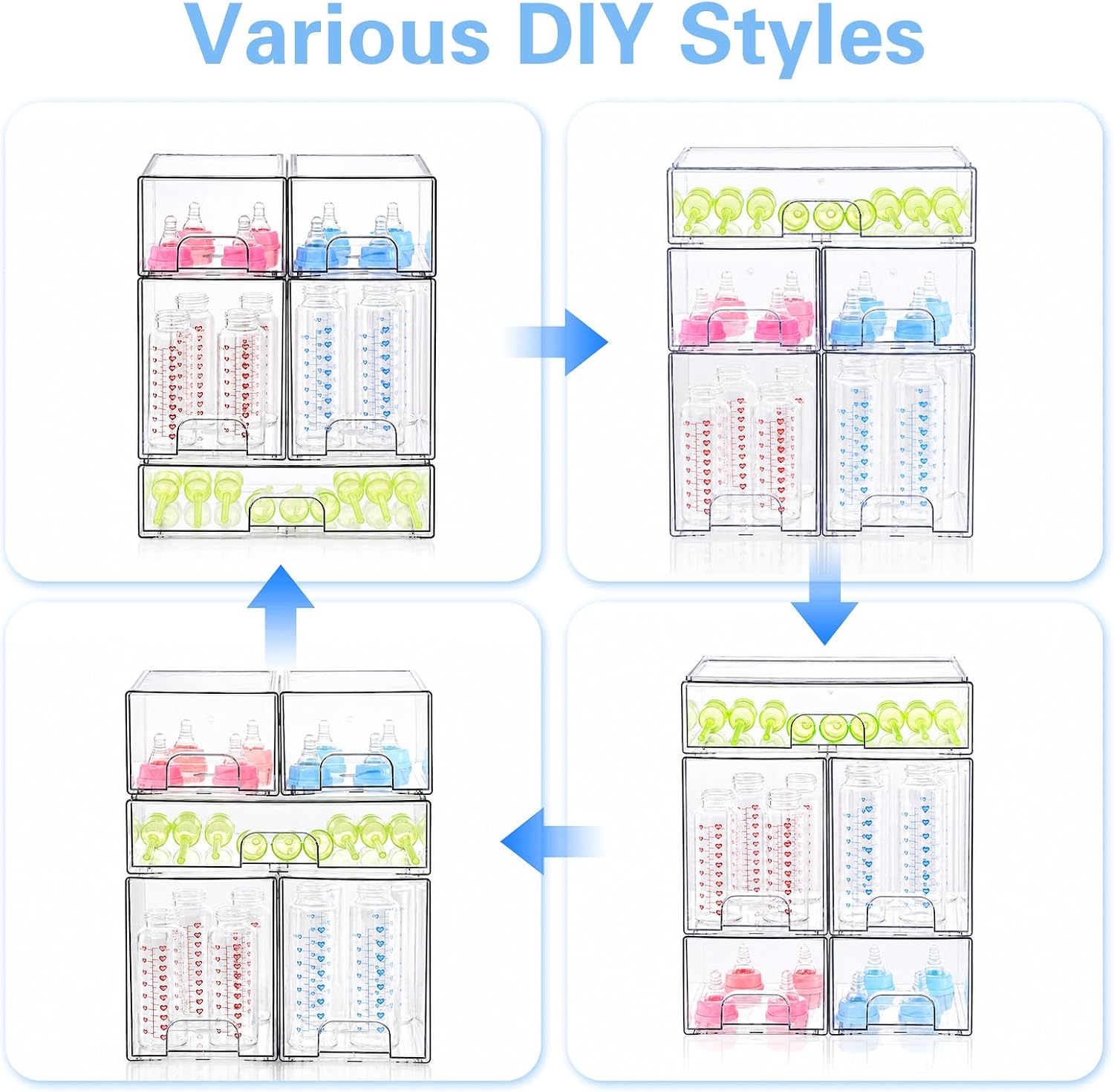 Baby Bottle Organizer, 5 Pack Clear Acrylic Stackable Storage Drawers, Baby Bottle Storage Organizer for Countertop, Nursery, Vanity & Cabinet