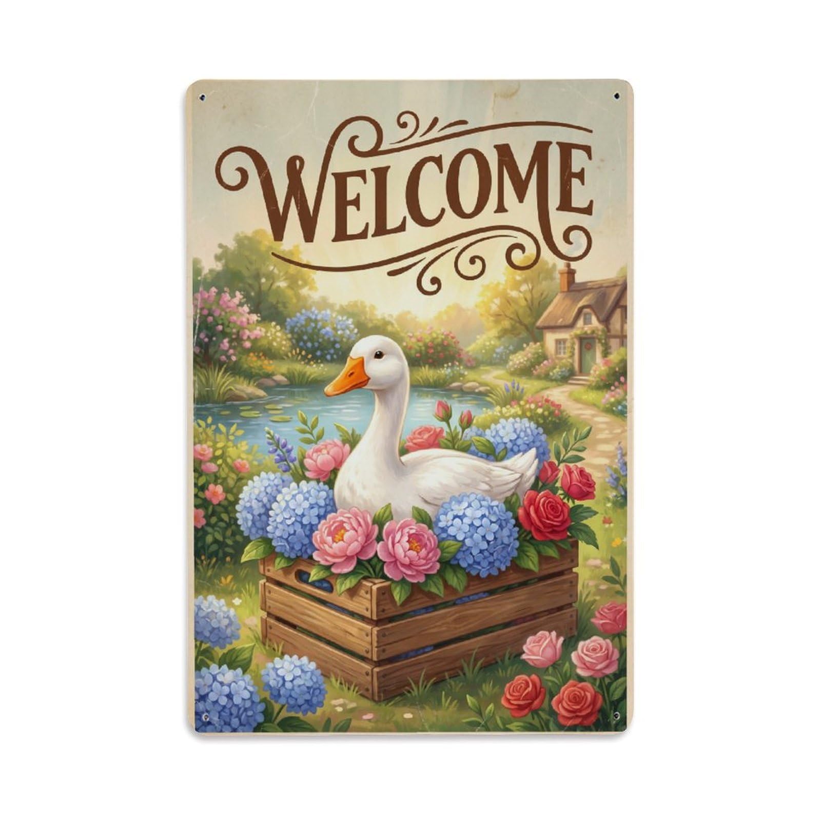 Vintage Welcome Goose Warm Wishes Metal Tin Sign