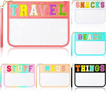Abbylike 6 Pcs Chenille Letter Clear Zipper Pouch Summer Waterproof Cosmetic Pouch Travel Gym Beach Hawaii Bag Travel Patch Purse Makeup Letter Bag for Women Girls, 6 ColorsCharming Colors,Stylish