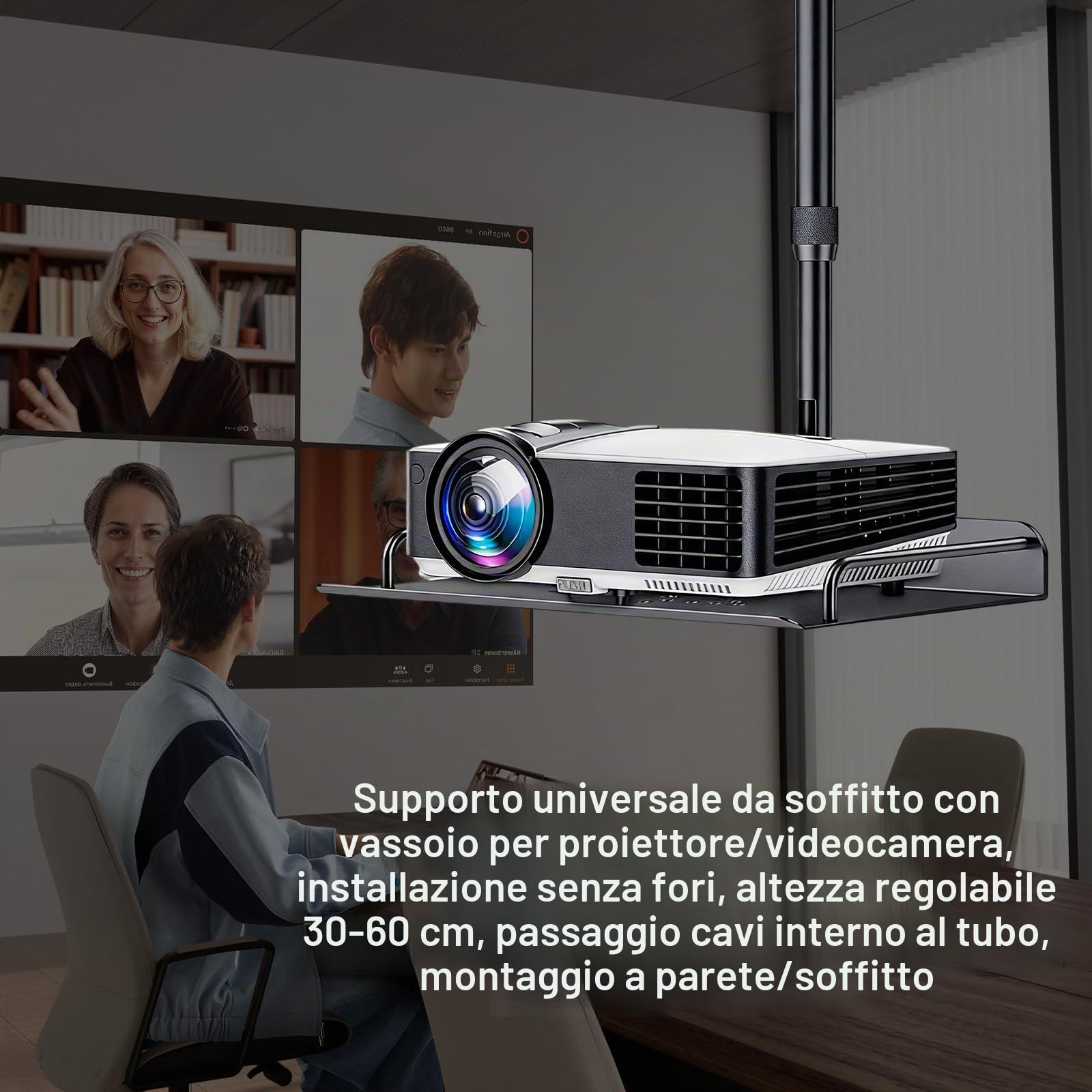 Supporto Universale a Soffitto per Proiettore, Regolabile in Altezza 30-60cm con Gestione Cavi, Staffa Soffitto Stabile per Gruppentreffen Home Cinema & Ufficio (Nero)
