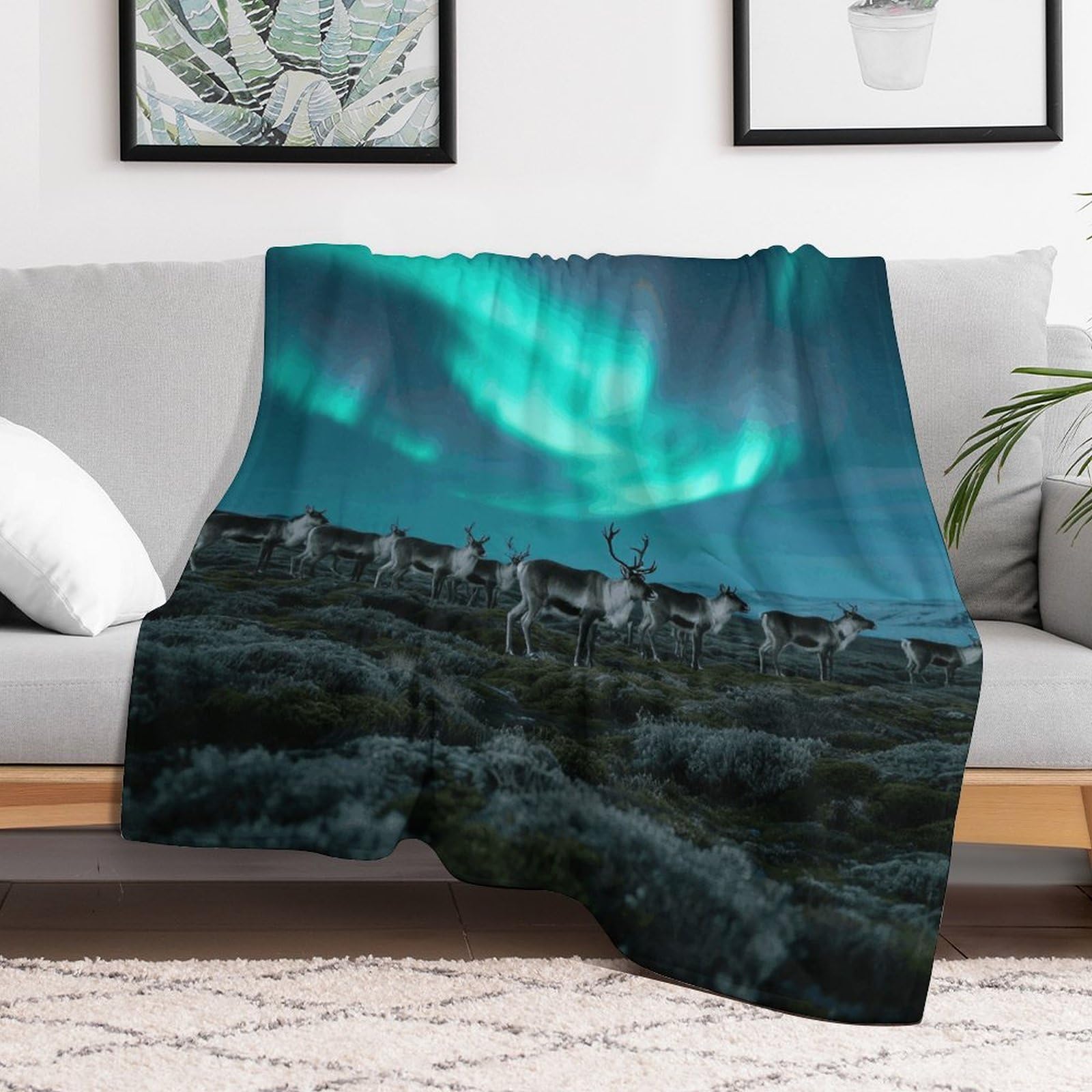 Custom Reindeer_Aurora Blanket Lightweight Flannel Fleece Throw for Couch Sofa Bed Luxury Soft Cozy Plush Lap Bedtime Blanket for All Seasons Bedroom Home Decor Gifts 30x40