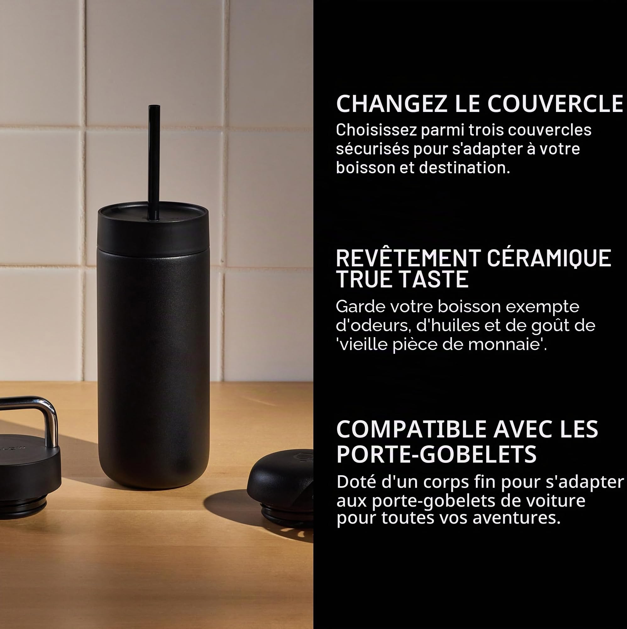 Fellow Carter Thermal mug Set 3 Caps Matte Black 473 ML