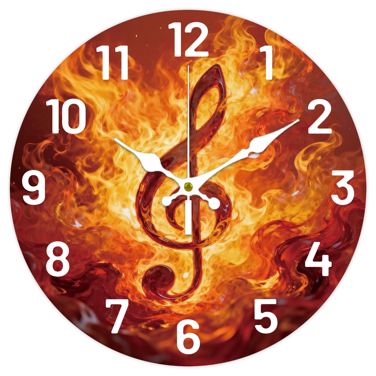 CONCHLERY Flame Music Notes Pattern Clock 12 Inch Non-Ticking Clocks Round Wall Hanging Clock for Bedroom Living Room Kitchen Office