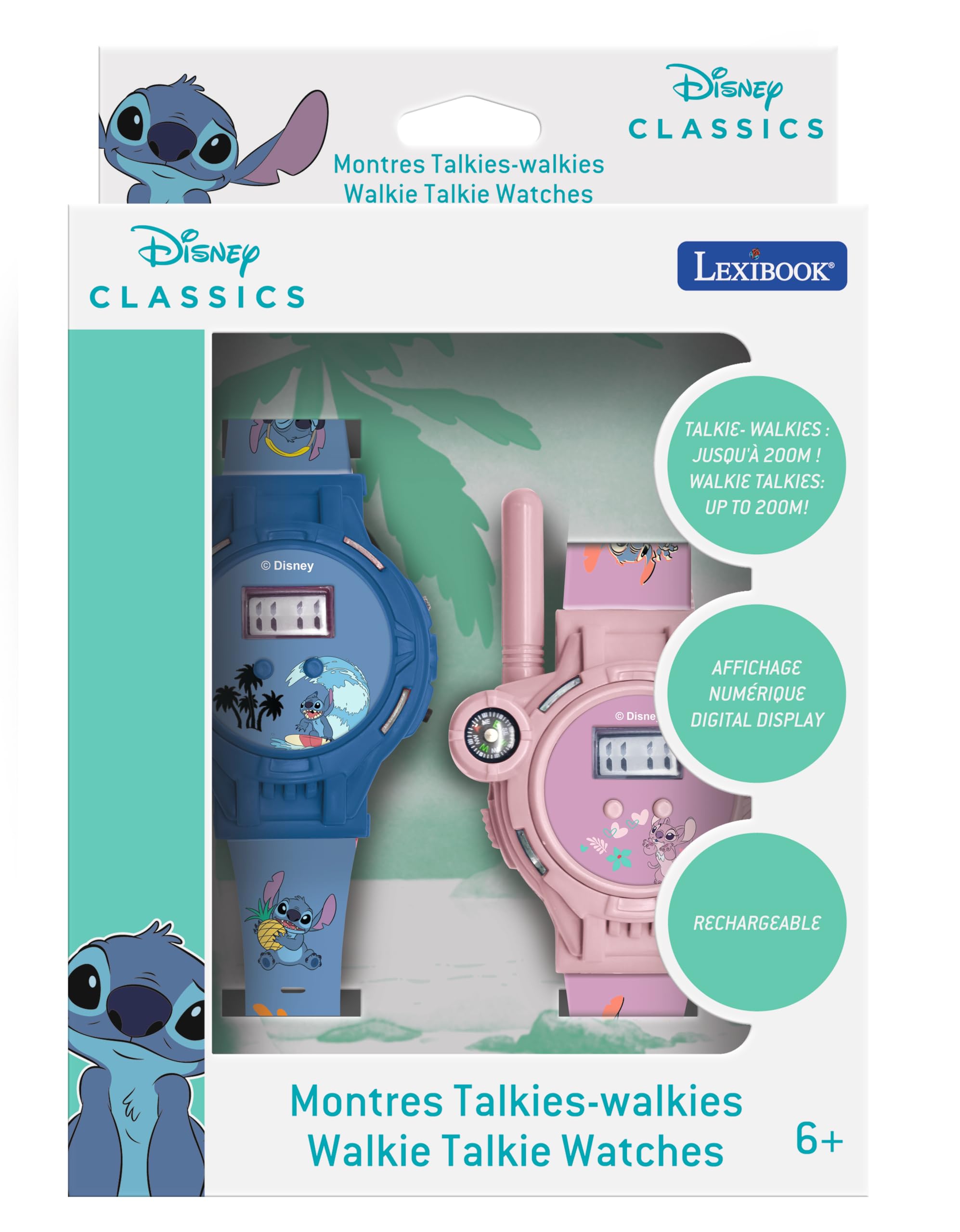 Lexibook, Disney Stitch, Zegarki Krótkofalówkowe, 2 Sztuki, Zasięg do 200 M, Latarka, Kompas, do Ładowania, Niebieski i Różowy, DMWTW1D