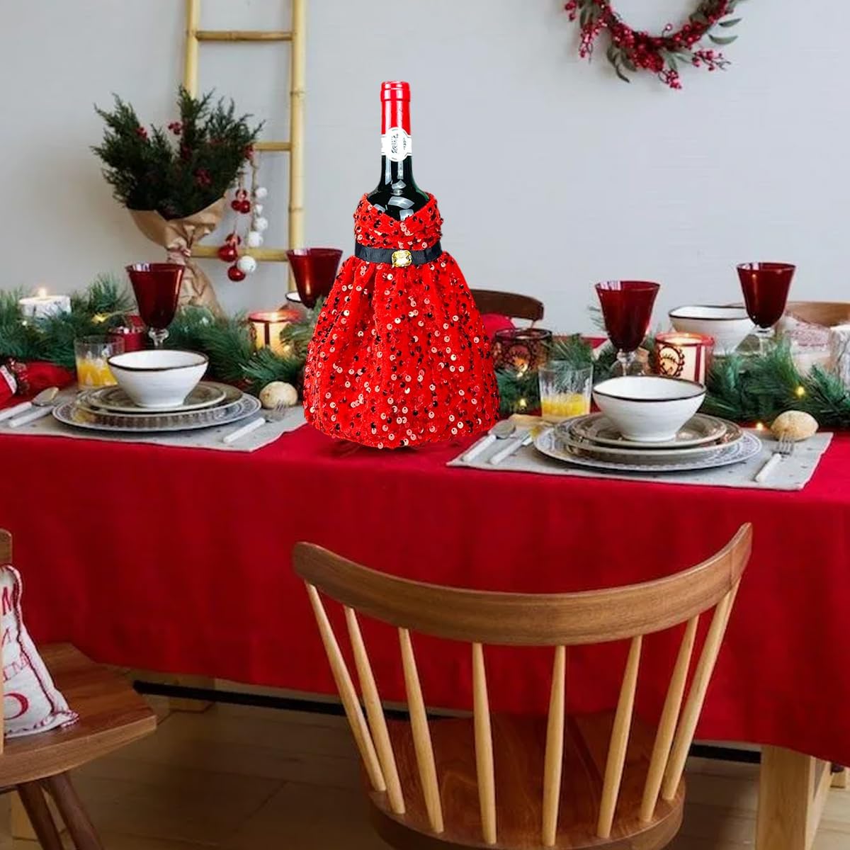 Christmas Wine Bottle Cover Glitter Sequin Dress Wine Bottle Cover For Xmas New Year Party Table Decorations Accessories (Red)