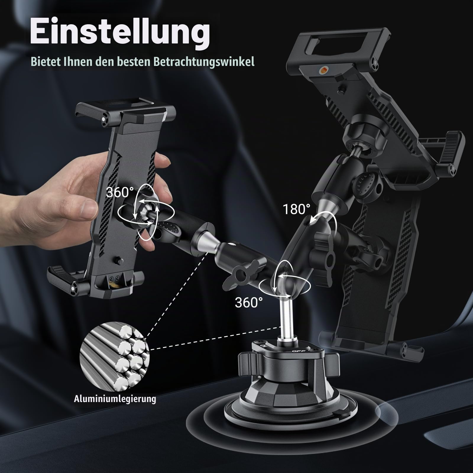Aluminium LKW Windschutzscheibe Tablet/Handy Halterung | No-Shake Design, Extra Starker Saugnapf, Passt Für Auto, iPad Pro, Air, Mini, Galaxy, iPhone, 6.1-15.6" Geräte