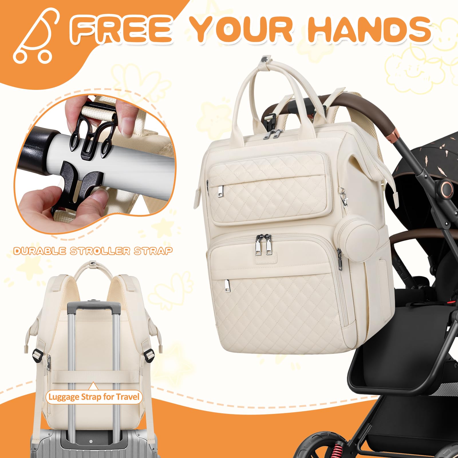 RAINSMORE Baby Wickelrucksack Groß Wickeltasche Rucksack mit Wickelauflage Schnullerhalter Kinderwagengurten Babytasche Diaper Bag Multifunktions für Mama und Papa Aprikose