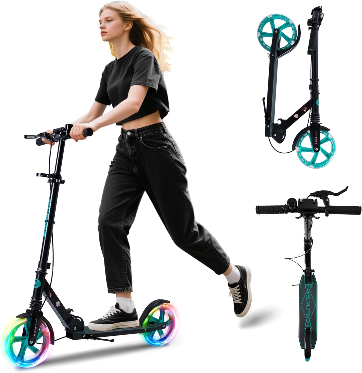 Kick Scooter for Kids Ages 8+ Teens & Adults, with Front handbrake and Rear Brake, and Adjustable Handlebars, Big Sturdy PU Flash Wheels Great Gift & Toy Black