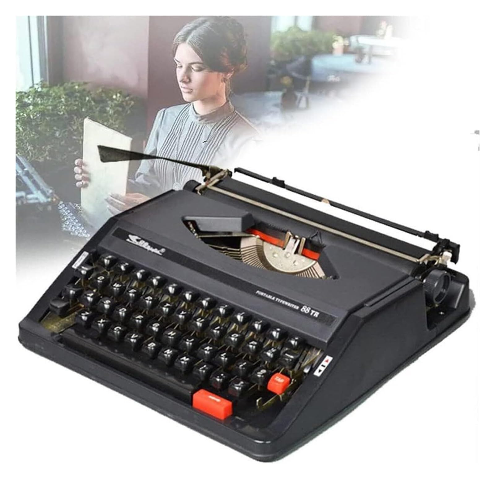 Tradycyjna staromodna mechaniczna angielska maszyna do pisania, 1980, klasyczna, nostalgiczna, przenośna maszyna do pisania ręcznego w stylu retro, normalne użytkowanie w stylu vintage (czarna)