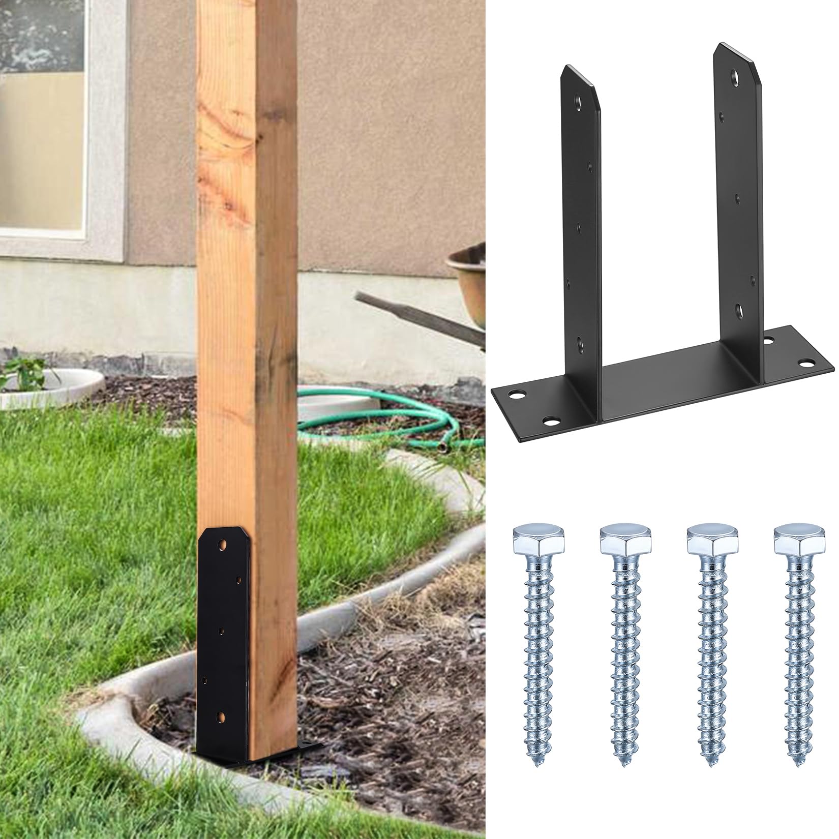 Soporte para Postes en U, Anclaje en U para Postes de Madera, Base Poste con Base Atornillable para Montaje en Hormigón, Soporte para Postes de Madera, para Jardin, Cenadores, 90x90mm