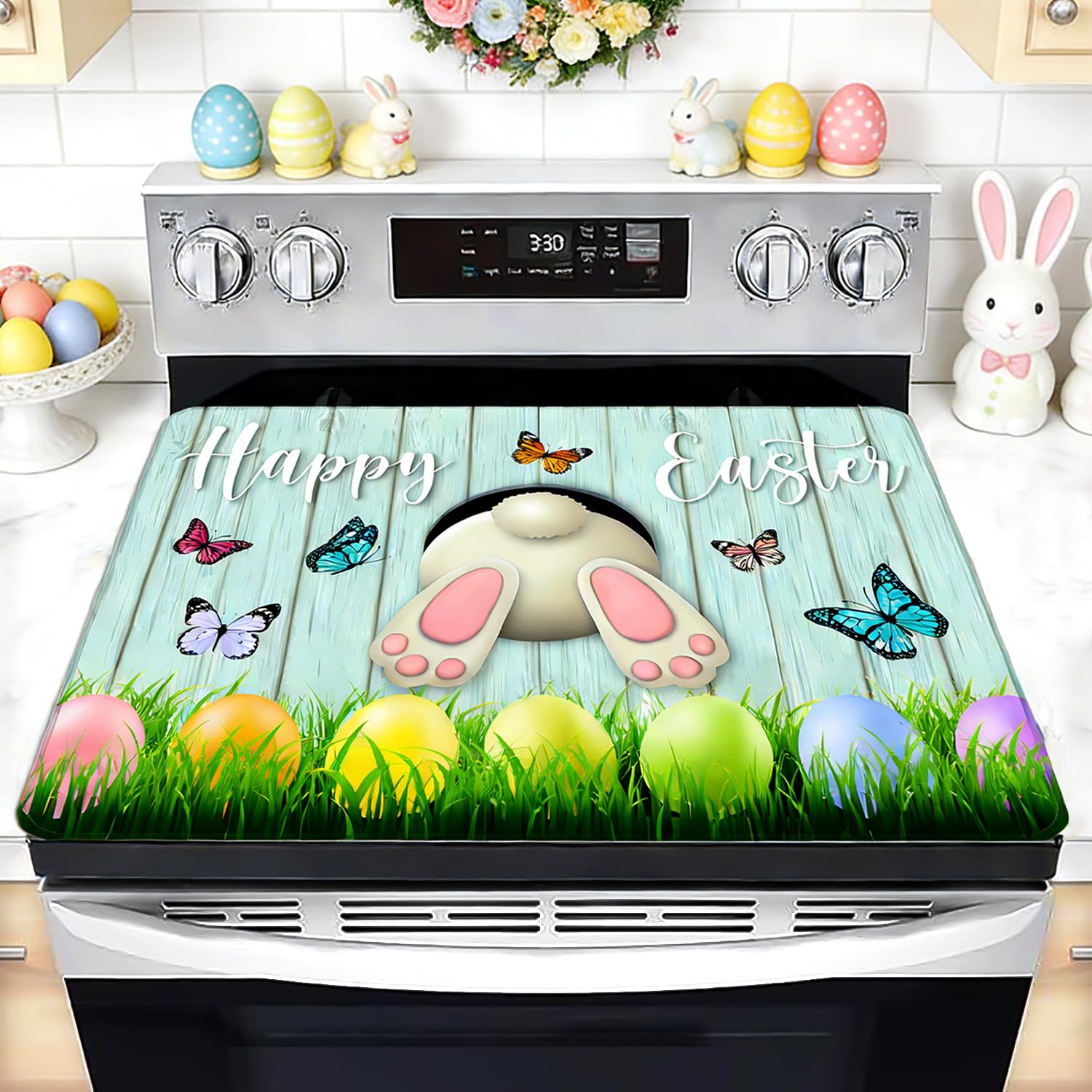 Easter Stove Top Cover for Electric Stove 28 "x 20 ", Bunny Eggs Heat Resistant Glass Top Stove Cover Protector, Glass Cooktop Covers, Kitchen Flat Electric Stove Top Covers