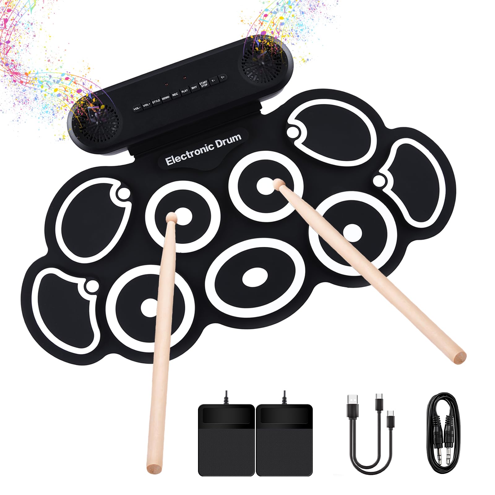 G7 Electronic Drum Set, 9-Pad Drum Kit with Built-in Speakers, 7 Drum Sounds, Bluetooth & AUX, Roll-up Drum Pad with Foot Pedals, Rechargeable Battery, 10-Hour Playtime (black and white)