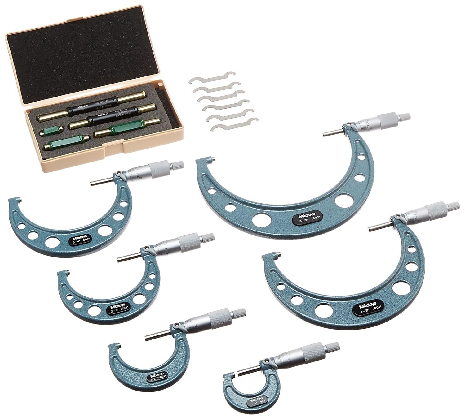Mitutoyo 103-904-10 Outside Micrometer Set, 0" - 6" Includes 6 Micrometers and 5 Micrometer Standards (Pack of 6) Black