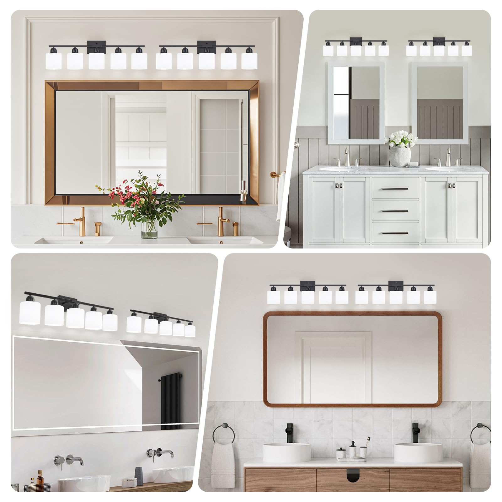 5-flammige schwarze Badezimmer-Schminkleuchte, schwarze Schminkleuchte mit milchig weißen Milchglas-Schattierungen, moderne Waschtischleuchte für Badezimmerspiegel, Schlafzimmer, Wohnzimmer, Flur