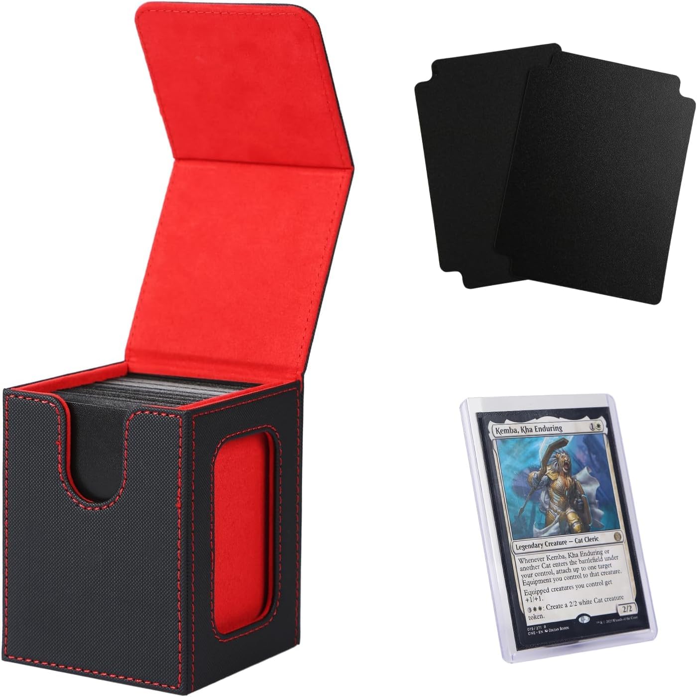 Venssu MTG Deck Box for Commander Display,Card Deck Box Fits 100 Double Sleeved Cards, TCG Card Storage with 2 Dividers and 1 Toploader (Black＆Red)