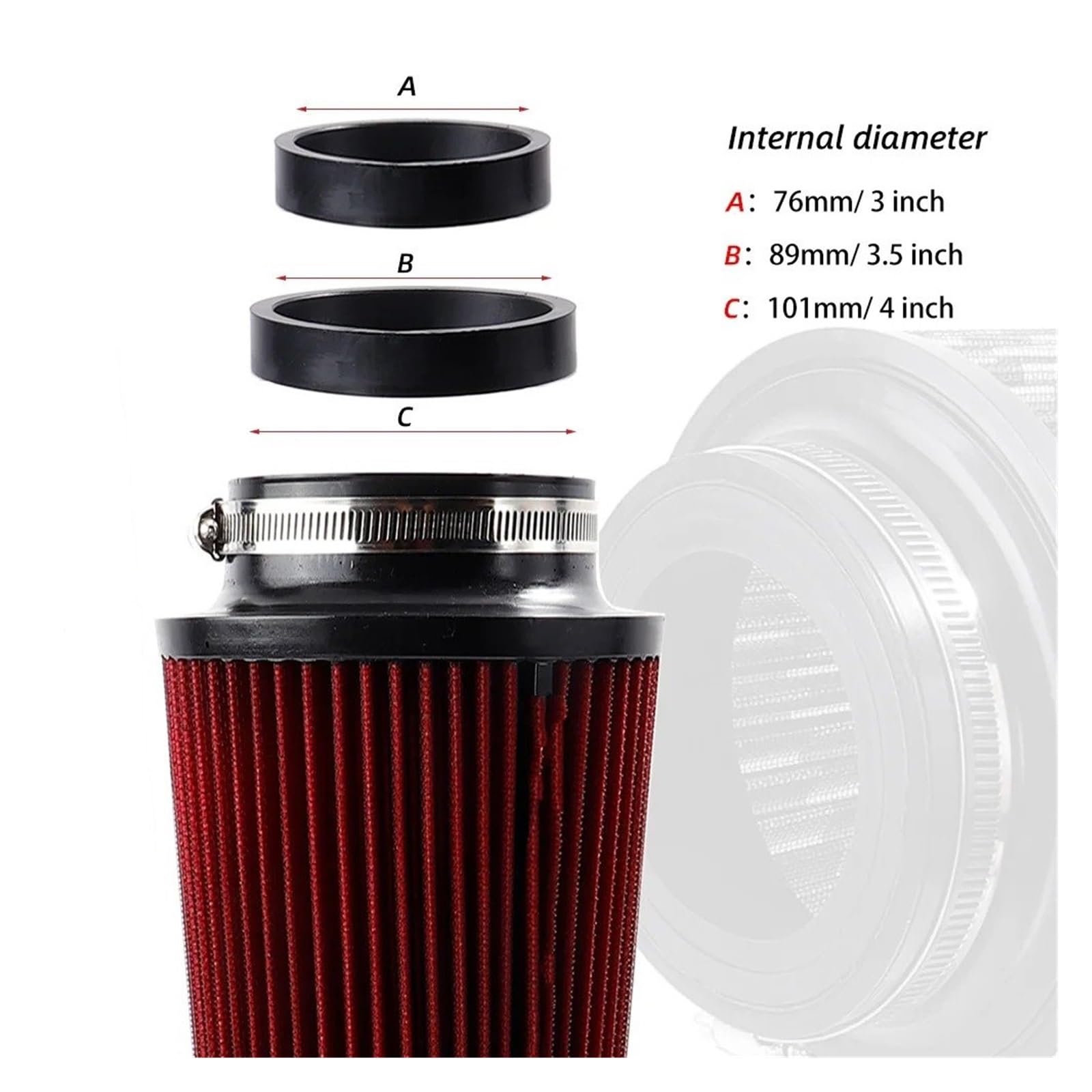 Ansaugschlauch Universal-Auto-Luftfilter Für Rennwagen 76 Mm/89 Mm/101 Mm 2,5 Zoll 3 Zoll 3,5 Zoll High Flow Cold Cone Lufteinlassfilter Luftansaugschlauch(Schwarz)