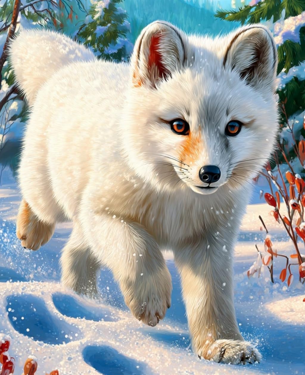 WANGWANGMIAO Paint by Numbers for Adults Beginner,Running White Arctic Fox Acrylic Painting by Number Kits on Canvas for Home Wall Decor Gift 16x20 Inch，with Frame