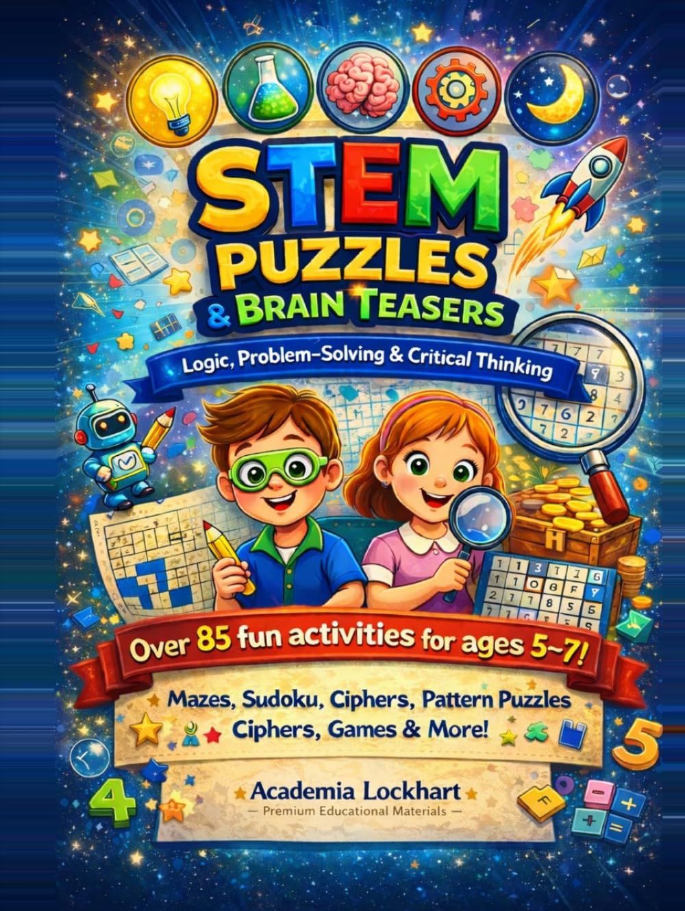 STEM Puzzles & Brain Teasers for Kids Ages 5–7: 85+ Fun Activities: Mazes, Sudoku, Pattern Puzzles, Ciphers & Logic Games for Critical Thinking and Problem-Solving (The STEM Adventure Series)