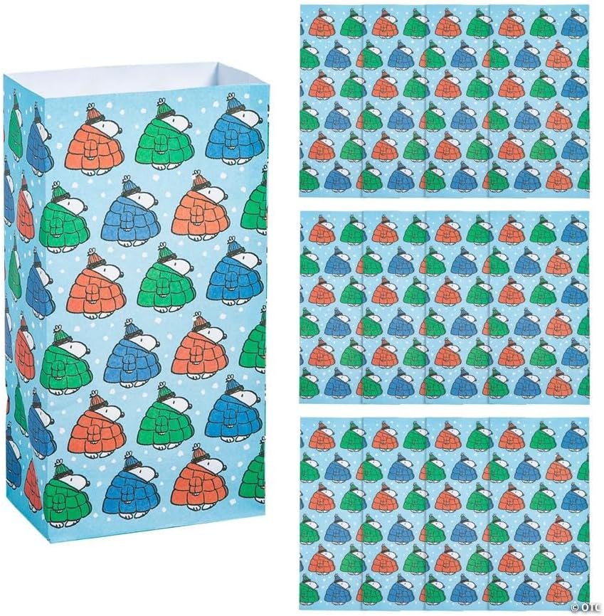 Fun Express 5 1/4" x 10" Peanuts Snoopy Winter Puffer Coat Paper Treat Bags – 12 Pieces