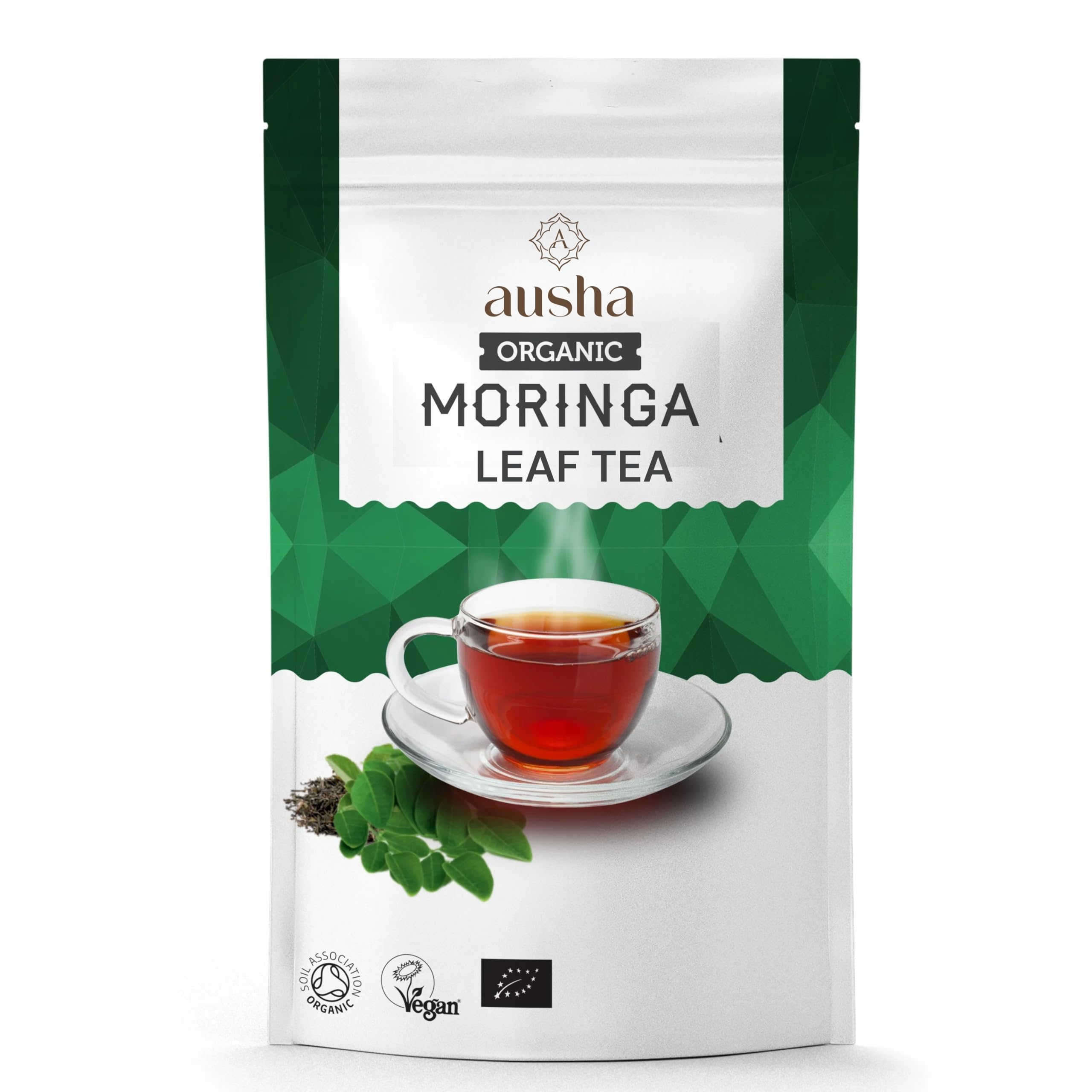 Ausha Organic Moringa Leaf Tea 100g - UK Certified Organic by Soil Association -Oleifera Loose Leaves, Caffeine Free, Source of Fibre,Calcium, Iron, Vitamins and Minerals