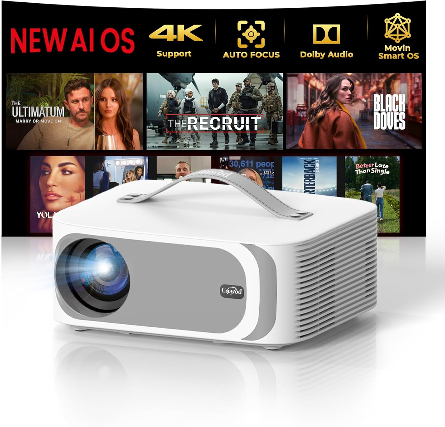 Lisowod L61Pro Native 1080P 4K Projector: AI Auto Focus, 50W Dolby Audio, WiFi 6 Bluetooth, Movin 2.0 OS Portable Outdoor Smart Projector