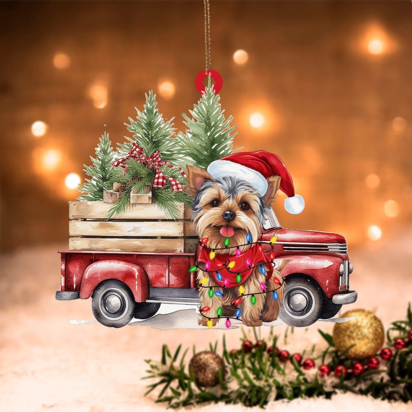 Swavecat Yorkshire Terrier Ornament Flat Printed 2D Acrylic Ornament Yorkshire Terrier Dog Xmas Tree Red Truck Ornaments for Christmas Tree 2 Sided Printing Xmas Keepsake Acrylic Xmas 3in