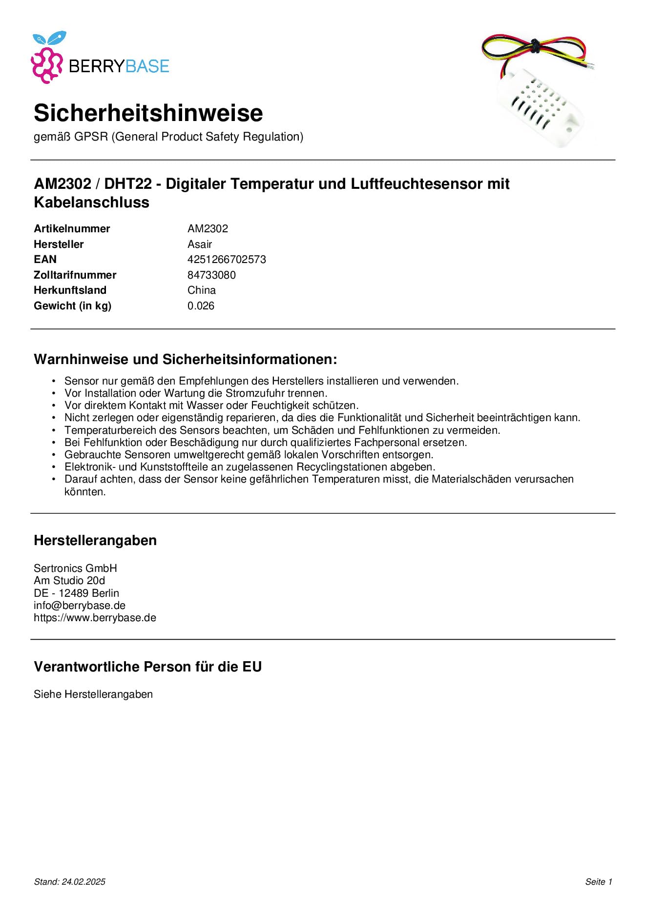 AM2302 / DHT22 - Digitaler Temperatur und Luftfeuchtesensor mit Kabelanschluss