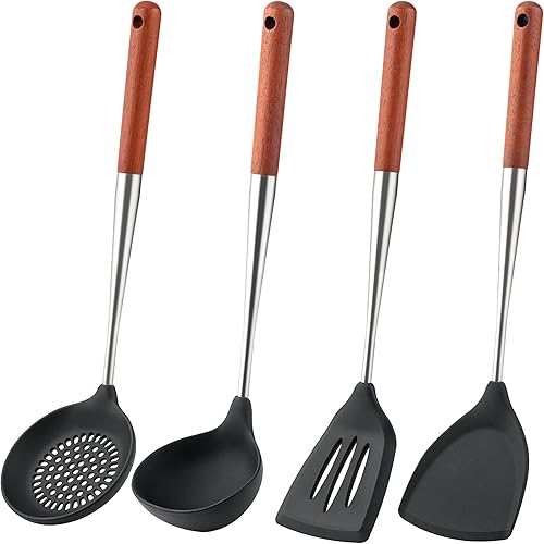 FJNATINH Espátula de silicona Turner Cucharón Juego de utensilios de cocina Wok de acero inoxidable, antiadherentes, resistentes al calor,