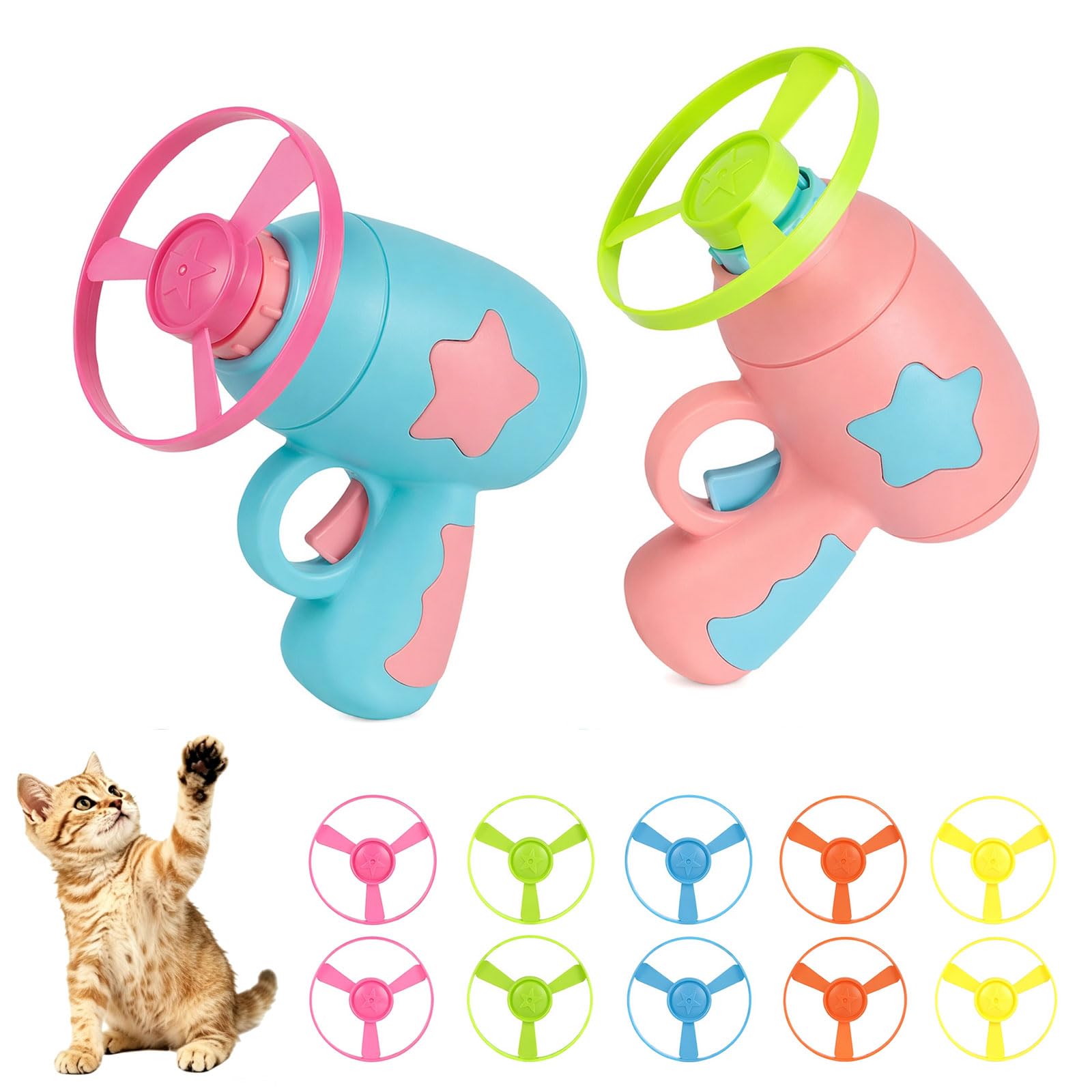Interactive Cat Toys, Flying Disc Launcher Toy with 2 Spinning Launchers And 10 Colourful Propellers, Versatile Propeller Launcher Toys for Kitten Puppy Chasing, Training, Hunting, Exercise