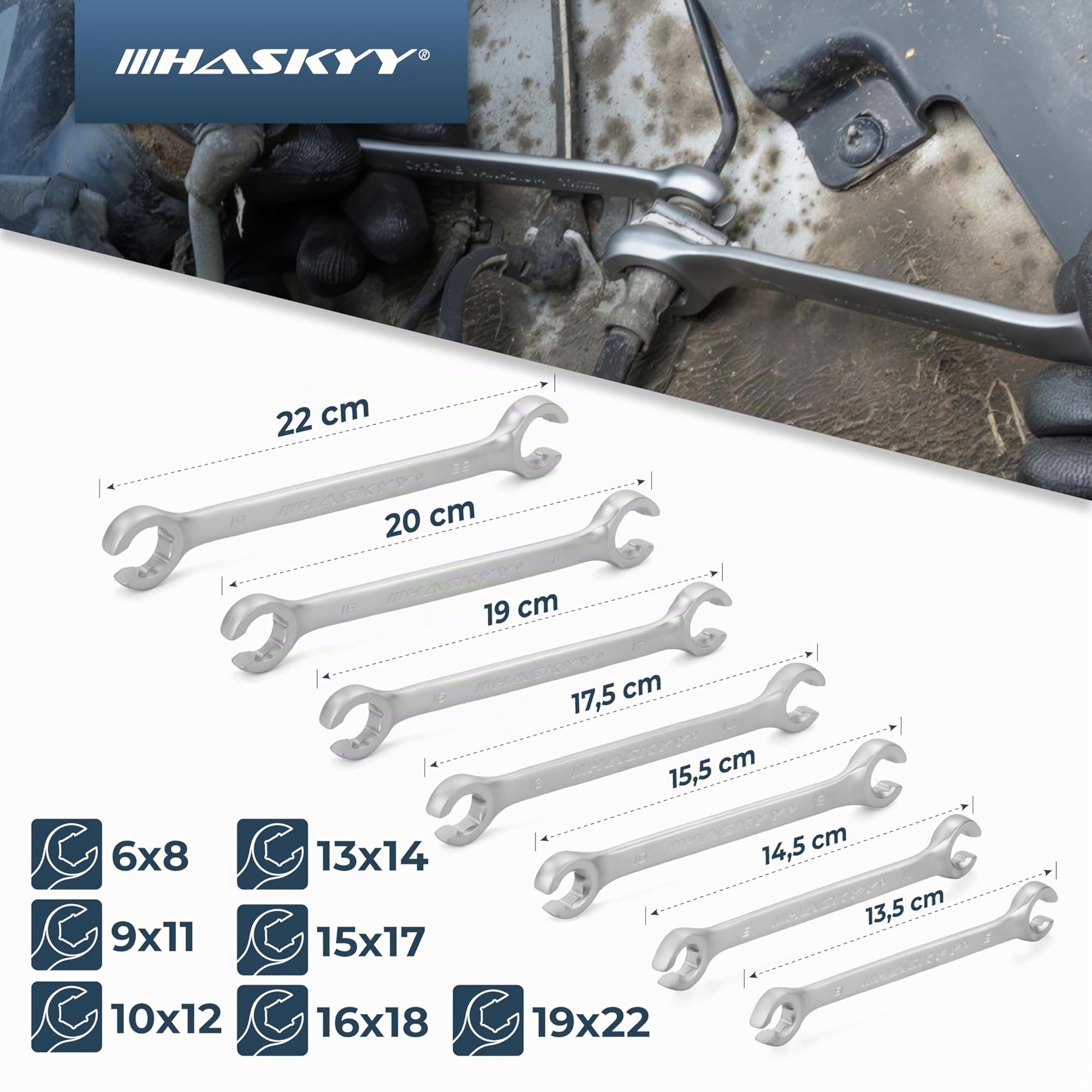 HASKYY Jeu de clés pour conduites de frein Clé à fourche ouverte 7 pces Clé polygonale double 6-22 mm Jeu de clés polygonales coudées à 15° Clé pour conduites de frein