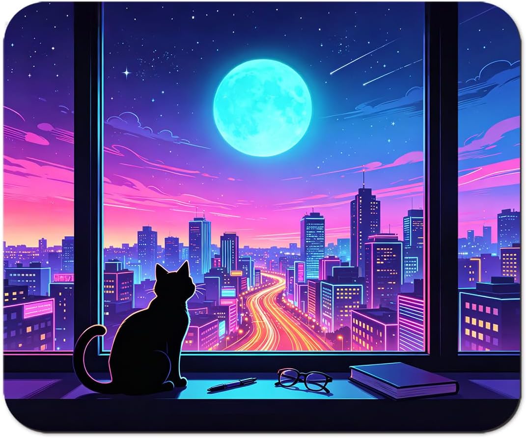 Neon City Night Cat Silhouette Mouse Pad, Aesthetic Cyberpunk Pet Desk Mat