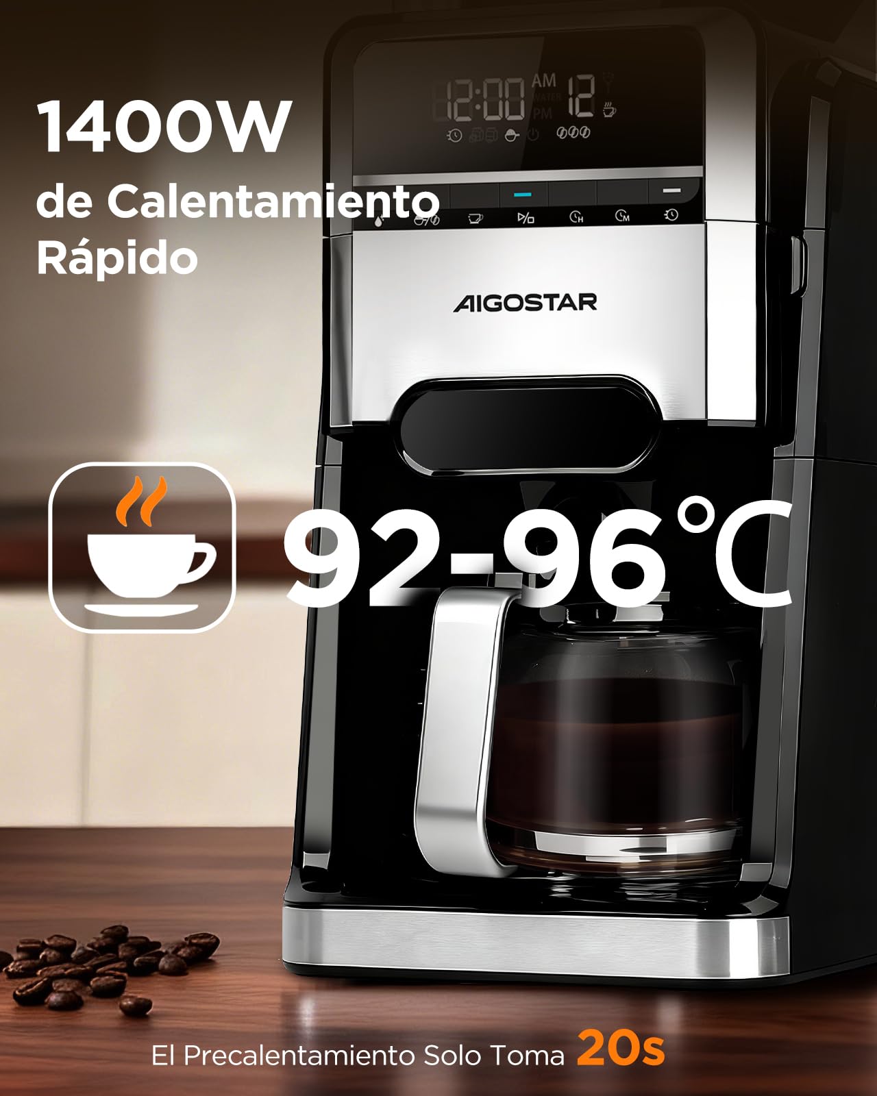 Aigostar Cafetera Goteo con Molinillo Incorporado, 7 Ajustes de Molienda | 1,5L (2-12 Tazas), 1400W Maquina de Cafe, 3 Concentraciones, Programable 24H con Mantenimiento de Calor, Negro